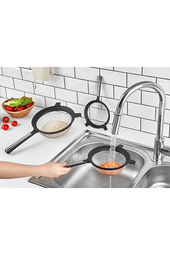 14 Cm Tencere ve Lavaboya Asılabilen Askı Kulplu Siyah Tel Süzgeç Sert Plastik