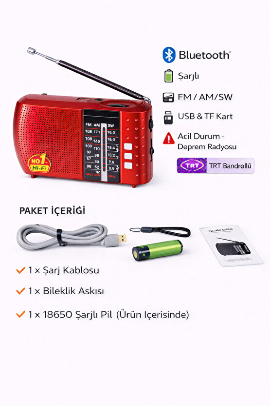 ICF8BT Bluetooth’lu Şarjlı Cep Radyosu | FM AM SW | USB TF Kart | Acil Durum & Deprem Radyosu