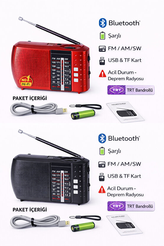 ICF8BT Bluetooth’lu Şarjlı Cep Radyosu | FM AM SW | USB TF Kart | Acil Durum & Deprem Radyosu