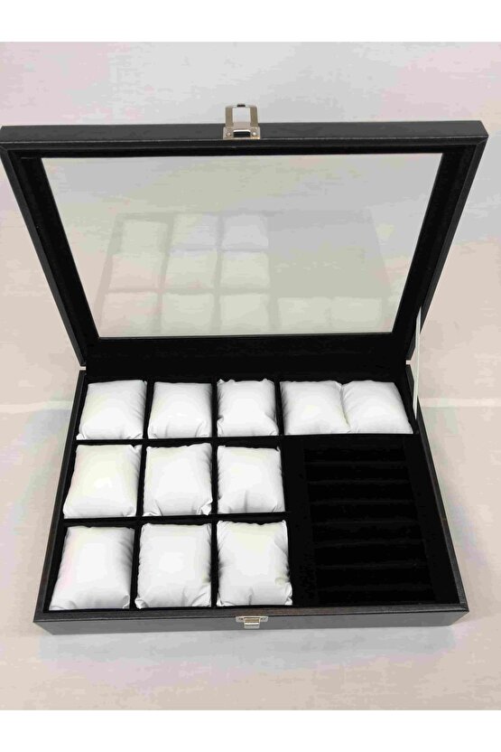 Siyah Deri Kaplı Cam Kapaklı Saat Takı Küpe Kolye Saklamak Için Dekoratif Kutu