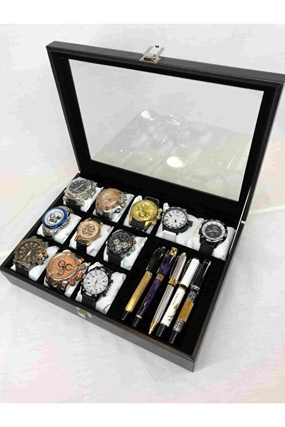 Siyah Deri Kaplı Cam Kapaklı Saat Takı Küpe Kolye Saklamak Için Dekoratif Kutu