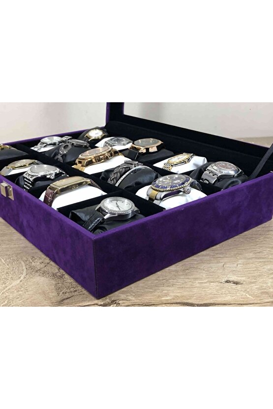 Yeni Moda Kareli Yastıklı Mor Kadife Kaplama Alyans Saat Kolye Bileklik Kutusu Cam Kapaklı