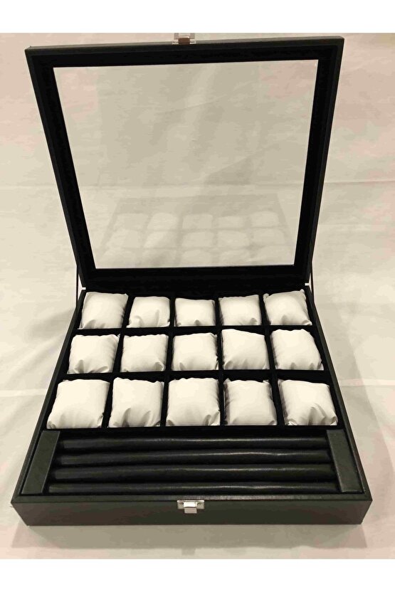 15 Gözlü Deri Saat Standı Ve Bileklik Kolye Takı Yüzük Küpe Saklama Kutusu Cam Kapaklı