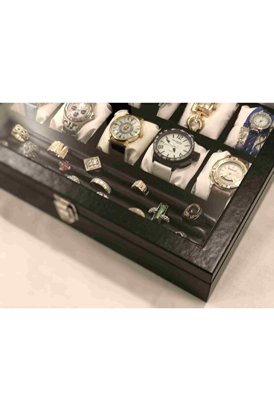 15 Bölme Görsel Cam Kapak Ahşap Iskelet Siyah Deri Kaplı Şık 15li Özel Kadın Takı Saat Kutusu