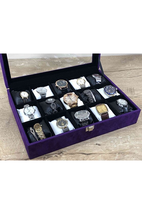 Yeni Konsept Çok Amaçlı Cam Kapaklı Ahşap Italyan Mor Kadife Kaplama 15 Bölmeli Saat Ve Takı Kutusu