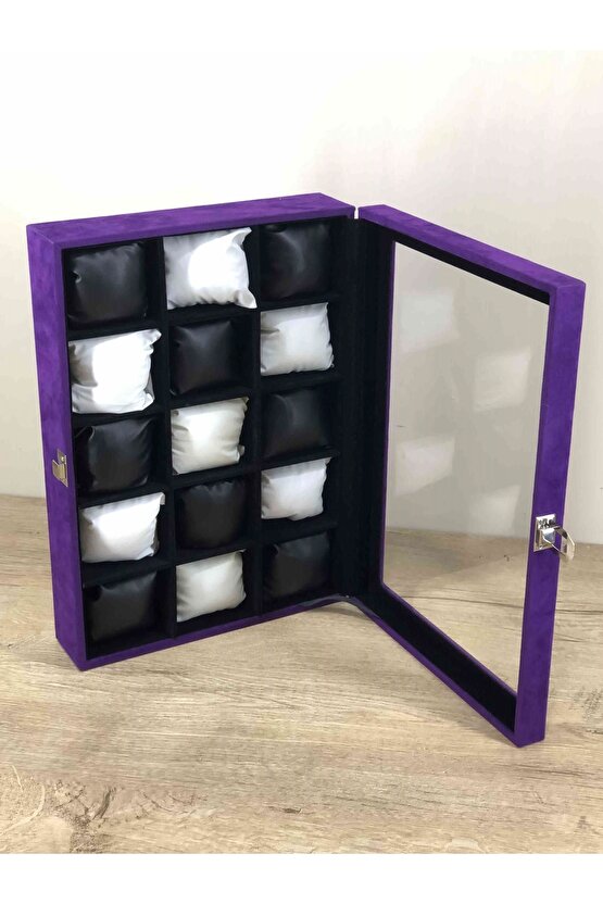 Yeni Konsept Çok Amaçlı Cam Kapaklı Ahşap Italyan Mor Kadife Kaplama 15 Bölmeli Saat Ve Takı Kutusu