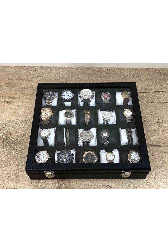 Özel 20 Gözlü Yirmi Adet Kol Saati Kapasiteli Cam Kapaklı Saat Saklama Kutusu