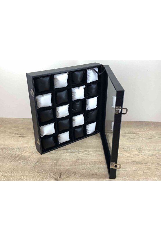 Özel 20 Gözlü Yirmi Adet Kol Saati Kapasiteli Cam Kapaklı Saat Saklama Kutusu