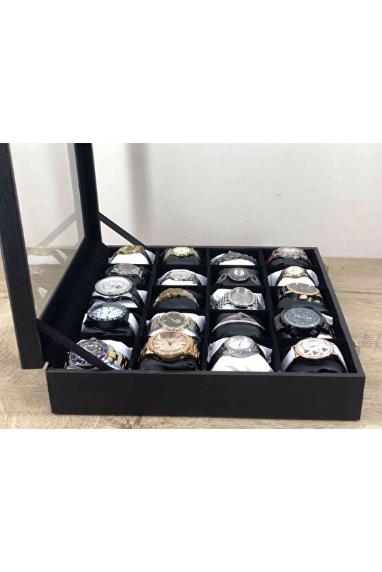 Ahşap Üzeri Deri Kaplama İçi Kadife 20 Gözlü Siyah Beyaz Yastıklı Saat Kutusu