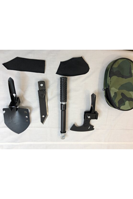 Türk Malı Çok Fonksiyonlu Bahçe Kamp Piknik Avcılık Için Balta Çekiç Kürek Keser Seti Yeşil Çantalı