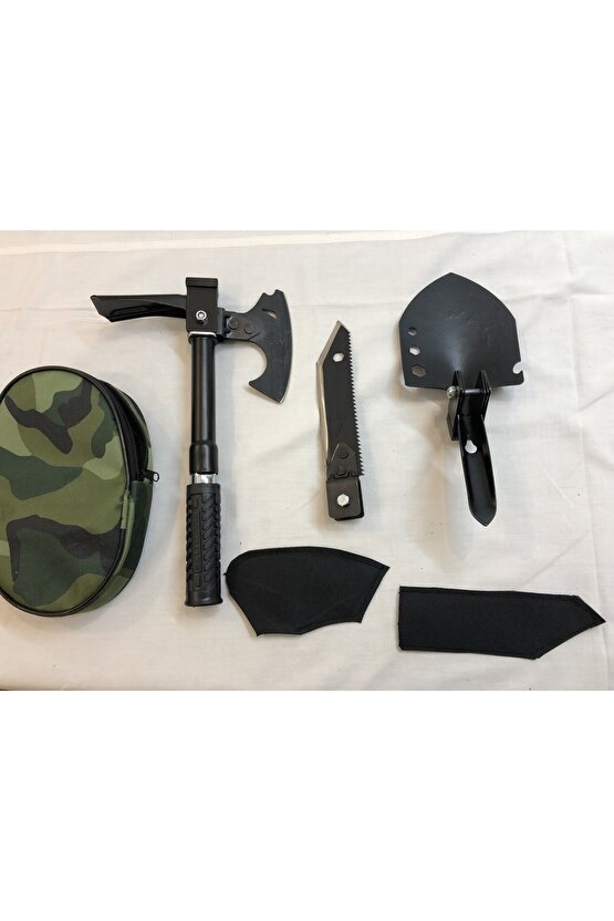 Türk Malı Özel Yeşil Çantasında Sökülebilen Kaliteli Hafif Çelik Pratik Balta Çapa Testere Kürek Set