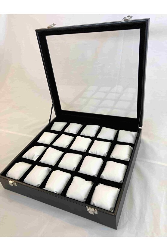 20 Bölme Görsel Cam Kapak Ahşap Iskelet Siyah Deri Kaplı Şık 20li Özel Kadın Saat Kutusu