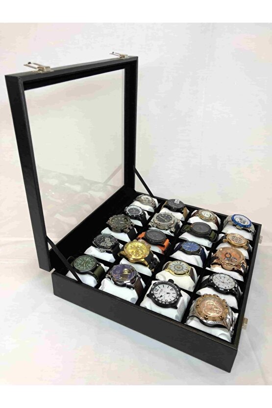 20li Ahşap, Üzeri Cam Saat Kutusu Siyah Deri Beyaz Yastıklı Kol Saatleri Için Kutu