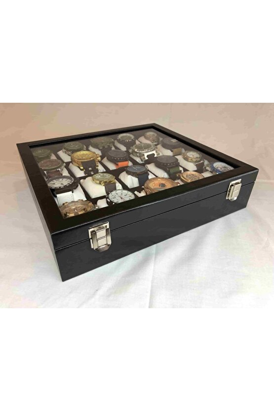 20li Görsel Cam Kapaklı Ahşap Iskelet Suni Deri Kaplı Modern Şık Özel Saat Kutusu