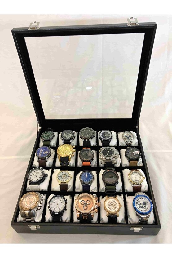Erkeklere Özel Kol Saati Saklama Kutusu 20 Adet Saat Düzenleyici Cam Kapaklı Deri Kutu