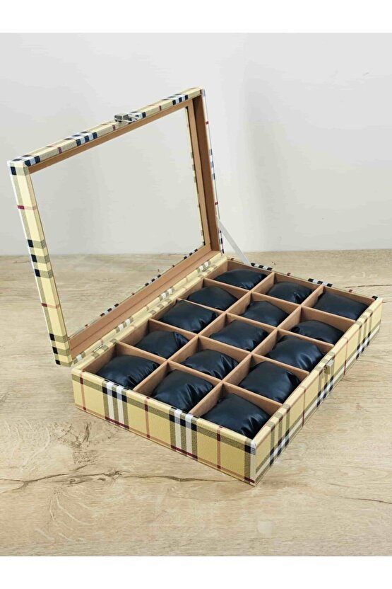 15 Adet Büyük Boy Kol Saati Kapasiteli Saat Kutusu Burberry Ekose Desenli Siyah Yastıklı