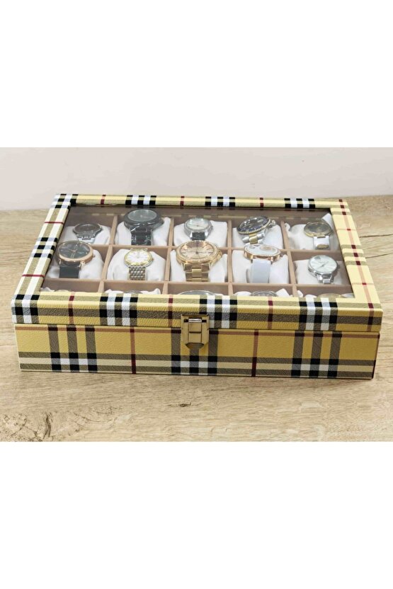 El Yapımı Sarı Ekose 15 Kol Saati Kapasiteli Büyük Boy Takı Kolye Halhal Saat Kutusu