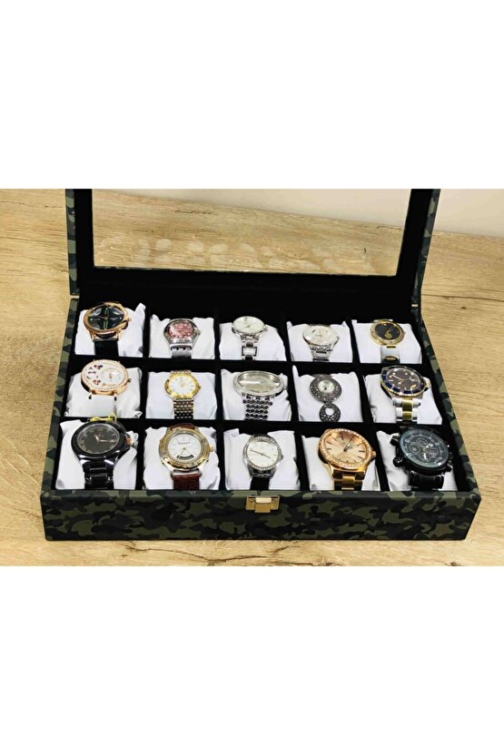 Büyük Boy Saatler Için Beyaz Yastıklı Gri Kamuflaj 15li Saat Kutusu