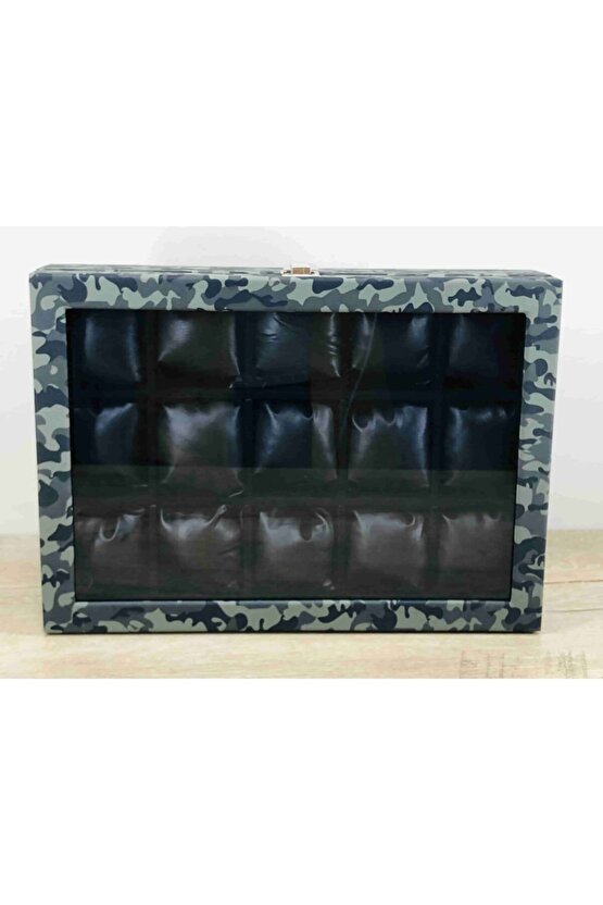 Erkekler İçin Özel Kamuflaj Renk Cam Kapaklı Siyah Yastıklı Kol Saat Kutusu