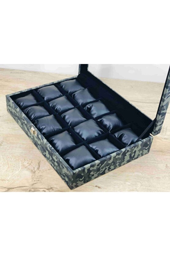 Erkekler İçin Özel Kamuflaj Renk Cam Kapaklı Siyah Yastıklı Kol Saat Kutusu