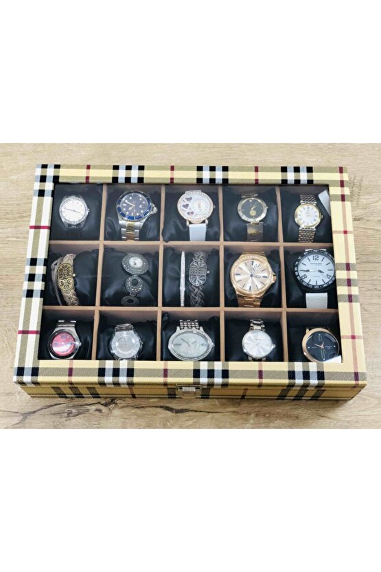 Siyah Yastıklı El Yapımı Burberrys Sarısı 15 Farklı Saat Koyabileceğiniz Kol Saati Takı Kutusu