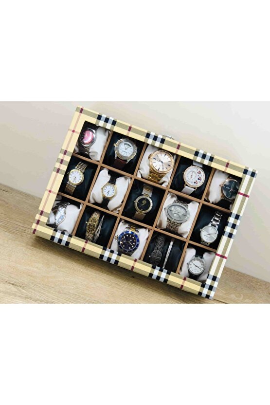 Sarı Ekose Desenli 15 Göz Kare Yastıklı Dekoratif Şık Modern Takı Kolye Bileklik Kol Saati Kutusu