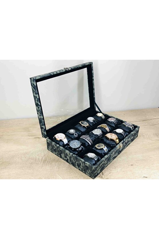 Düzenli Erkeklere 15 Kol Saati Kapasiteli Siyah Yastıklı Büyük Boy Takı Kolye Bileklik Saat Kutusu