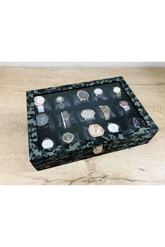 Düzenli Erkeklere 15 Kol Saati Kapasiteli Siyah Yastıklı Büyük Boy Takı Kolye Bileklik Saat Kutusu