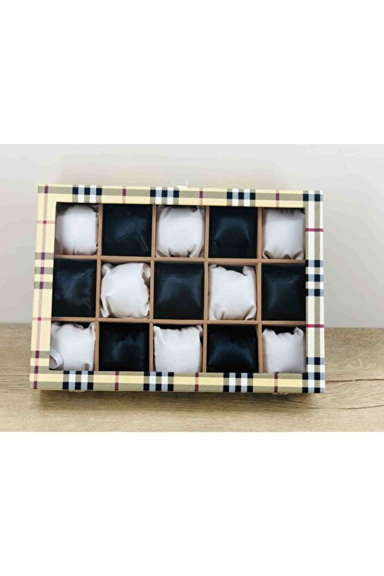 Sarı Ekoseli Bayanlara Özel Modern Dekoratif Cam Kapak Yastıklı Kol Saati Kolye Takı Bilekli Kutusu