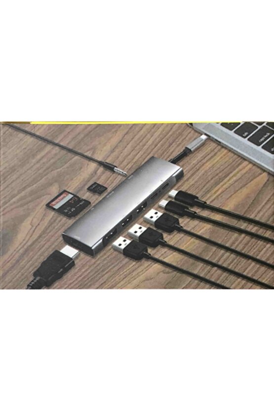 Gri Renk Metal Aleminyum Kasa 9 In 1 Çevirici Type C Hub Macbook Pro Air Çevirici Çoğaltıcı