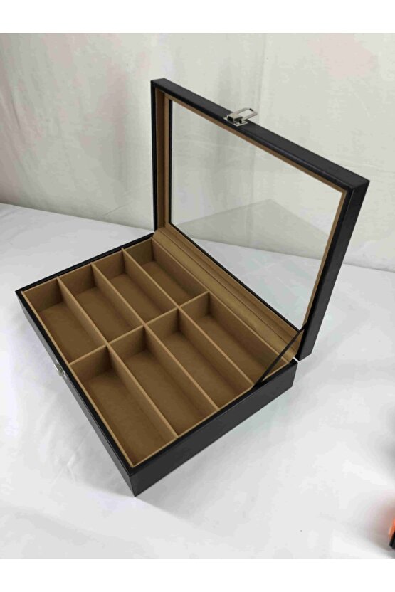 El Yapımı Siyah Deri Kaplı 8 Gözlük Alan Güneş Gözlüğü Saklama Kutusu