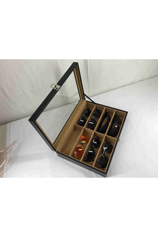 El Yapımı Siyah Deri Kaplı 8 Gözlük Alan Güneş Gözlüğü Saklama Kutusu