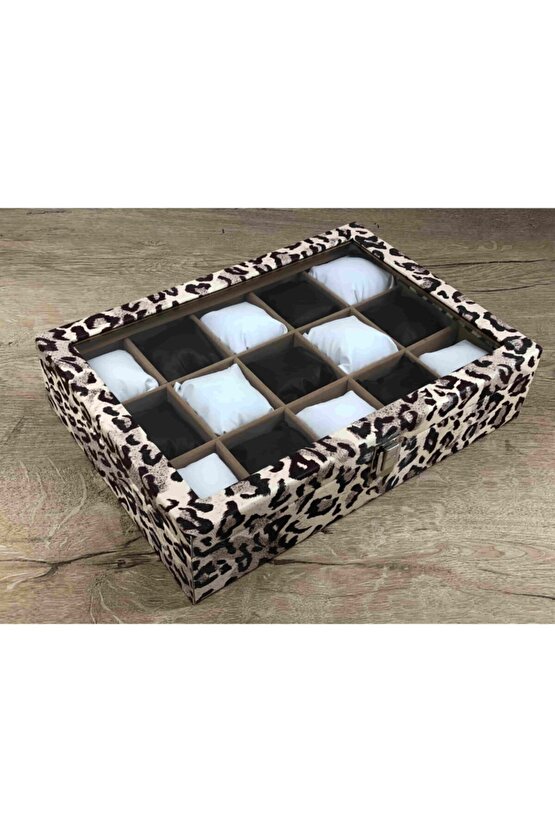 15 Büyük Boy Kol Saati Sığabilen Leopar Desenli Kaplama Saat Takı Mücevher Kutusu