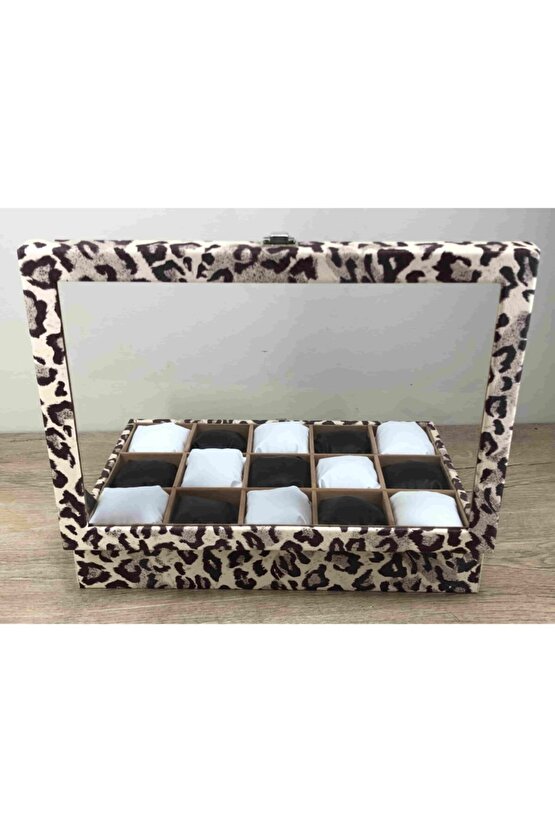 15 Büyük Boy Kol Saati Sığabilen Leopar Desenli Kaplama Saat Takı Mücevher Kutusu