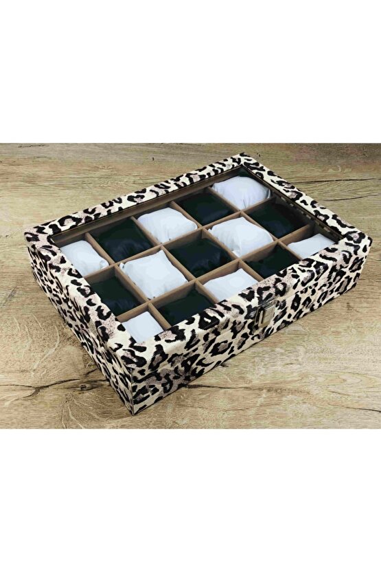 15 Büyük Boy Kol Saati Sığabilen Leopar Desenli Kaplama Saat Takı Mücevher Kutusu