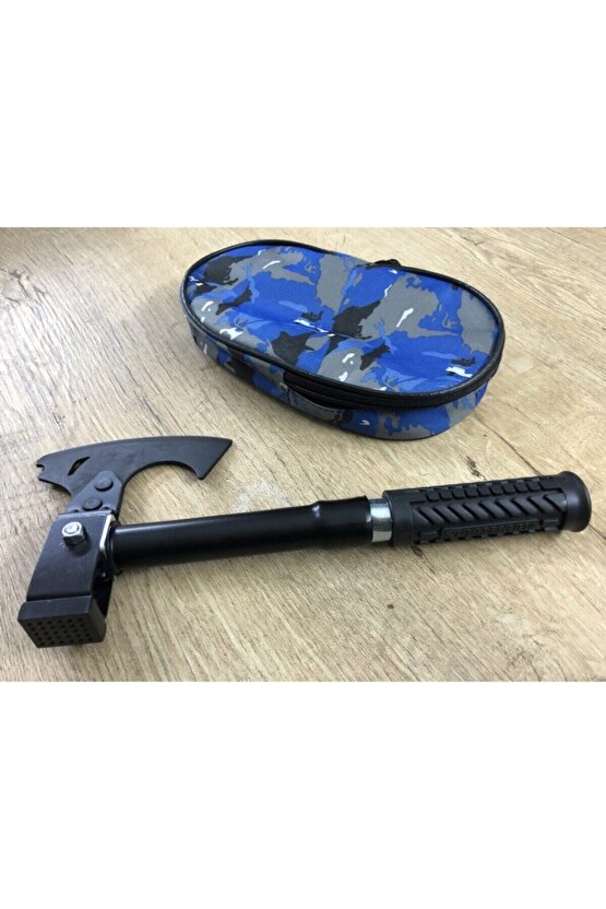 Askeri Model Paslanmaz Sertleştirilmiş Çelik Sökülebilir Kollu Mini Çekiçli Balta + Mavi Kamo Çanta