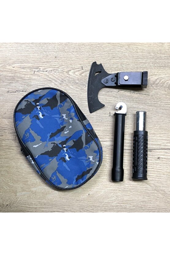 Askeri Model Paslanmaz Sertleştirilmiş Çelik Sökülebilir Kollu Mini Çekiçli Balta + Mavi Kamo Çanta