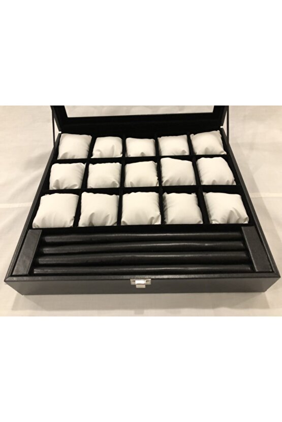 15 Bölmeli Deri Görünümlü Cam Kapklı Kol Saati Bileklik Kolye Yüzük Taki Alyans Kutusu