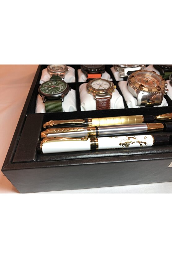 15 Bölmeli Deri Görünümlü Unisex Camlı Görsel Kol Saati Bileklik Kolye Yüzük Taki Alyans Kutusu