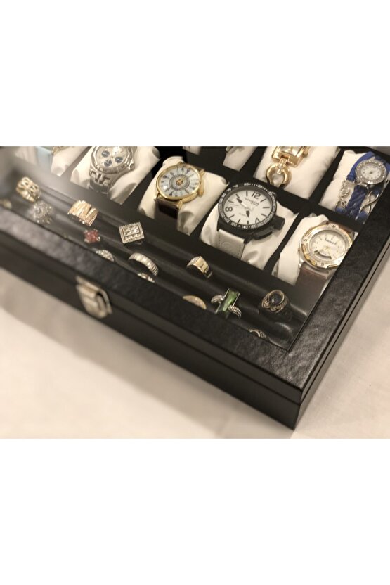 15 Bölmeli Deri Görünümlü Unisex Camlı Görsel Kol Saati Bileklik Kolye Yüzük Taki Alyans Kutusu