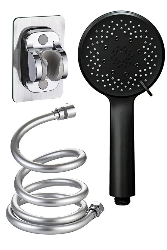 Siyah Duş Seti Lüks 5 Fonksiyonlu Ayarlanabilir Duş Başlığı - Yapışkanlı Mafsal-pvc Hortum 150 Cm