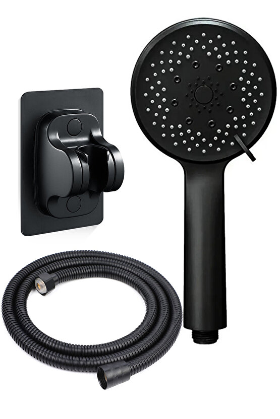 Siyah Duş Başlıklı 150 CM Hortumlu ve Yapışkanlı Mafsallı Duş Seti
