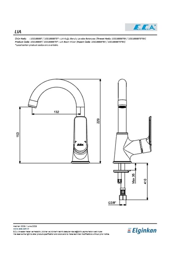 Lia Lavabo Bataryası Kuğu Borulu