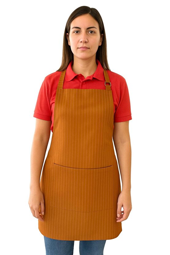 Mutfak Önlüğü Garson Aşçı Şef Servis Boydan Askılı Cepli Unisex Hardal Sarısına Beyaz Çizgili