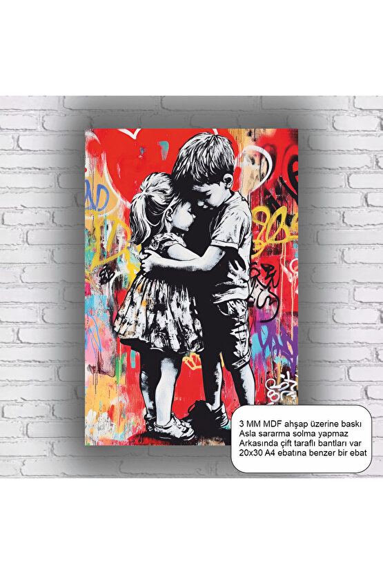 sarılan çocuklar sokak grafiti bansky pop art mdf tablo retro ahşap poster