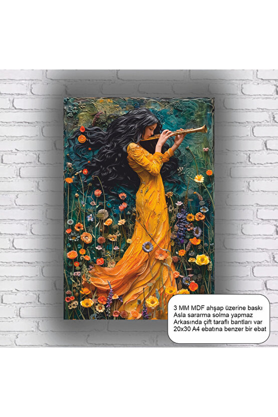 müzik enstürman klarnet çalan kadın sanatsal estetik mdf tablo ahşap poster