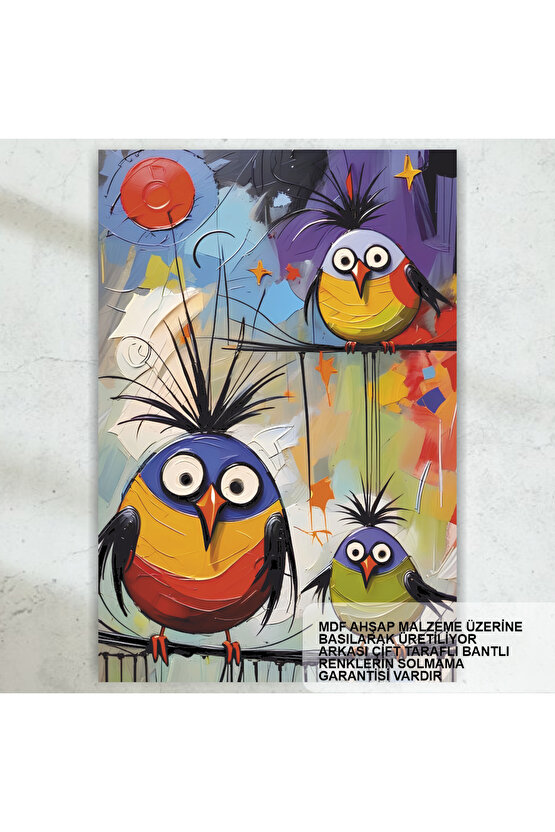 renkli sevimli kuşlar popart ev çocuk odası dekorasyon tablo retro ahşap poster