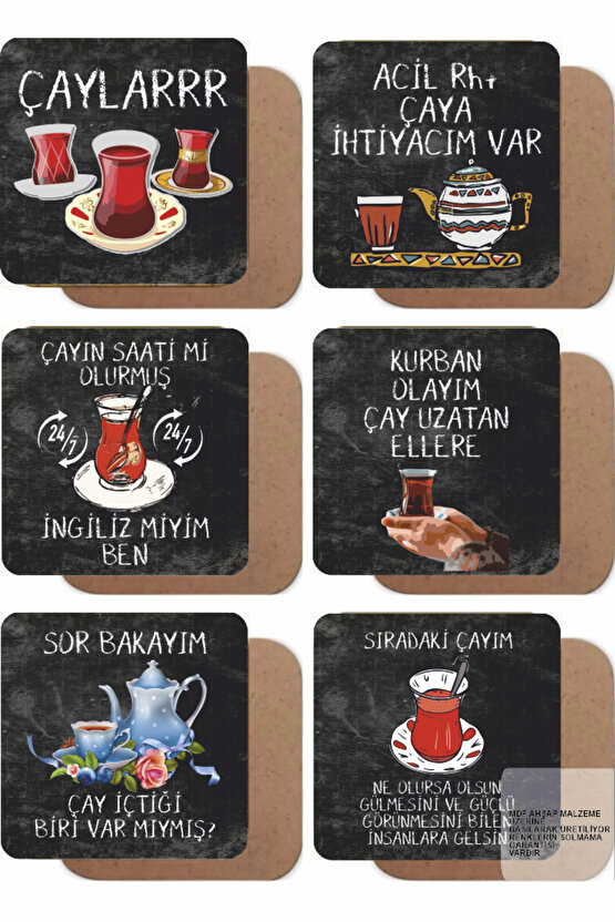 komik esprili güzel anlamlı çay sözleri duvar yazıları 6lı retro ahşap bardak atlığı seti