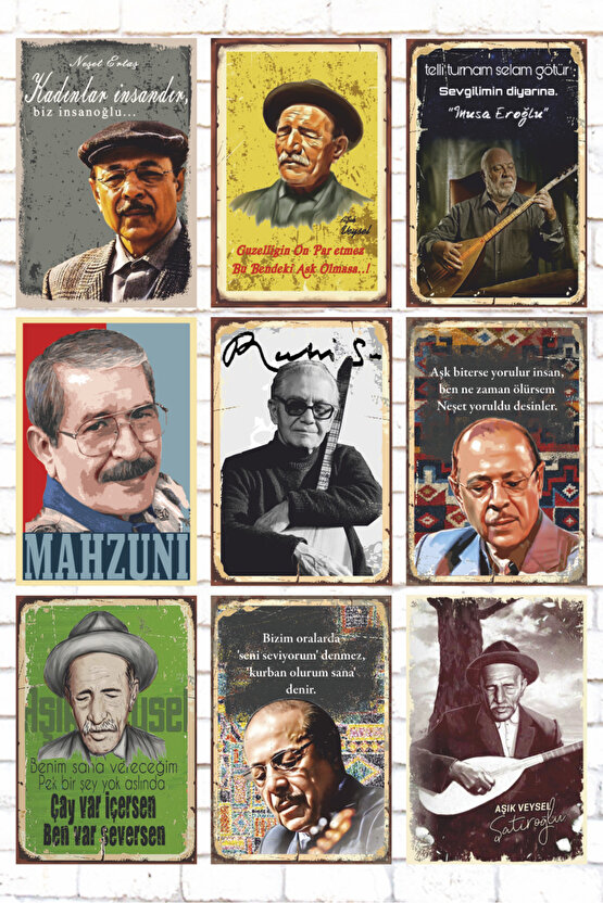 9 Parça Karışık Ahşap Tablo Seti halk müziği aşıklar ozanlar retro ahşap poster seti