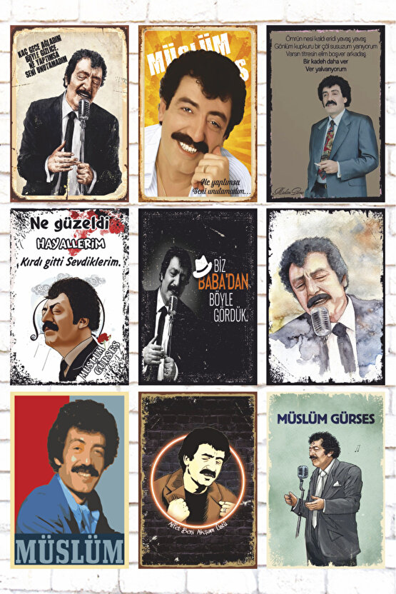 9 Parça Karışık  Ahşap Tablo Seti arabesk müzik müslüm baba müslüm gürses retro ahşap posterleri